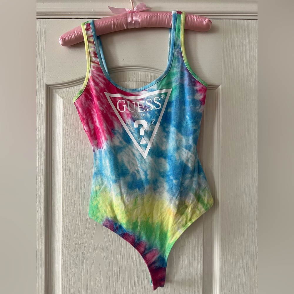 Guess Tie-Dye Bodysuit - Size S, Runs Large, Tank Style with Vintage White Logo